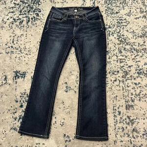 Myth of Jade Dark Wash Boot Cut straight leg white stitching pocket detail 28